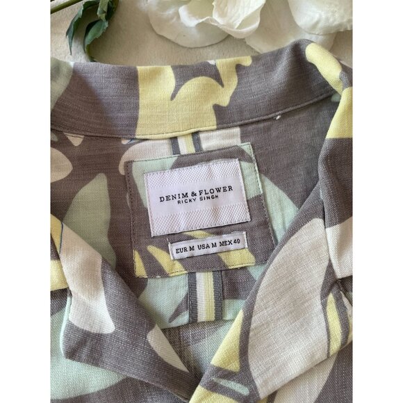Denim & Flower Ricky Singh Mens Floral Button-Up Shirt M Cotton Blend Gray/Yello - Picture 6 of 10
